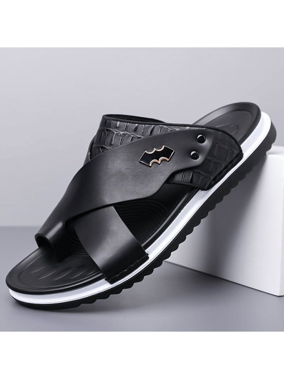 Men's Brown Croc-Embossed Toe-Loop Casual Slide Sandals with Sporty Sole