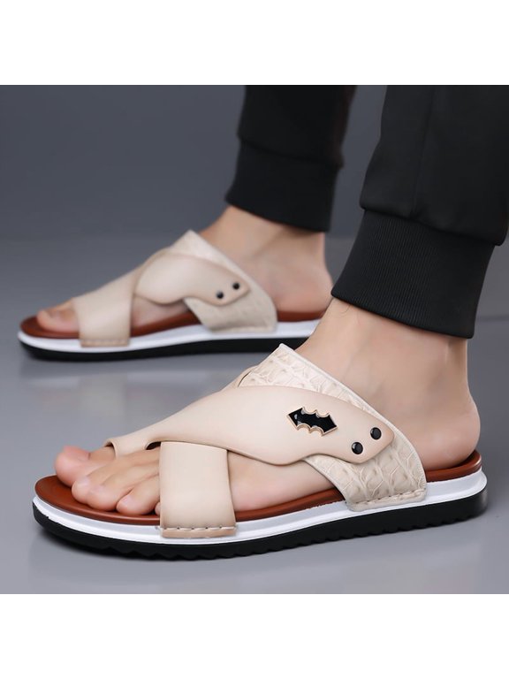 Men's Brown Croc-Embossed Toe-Loop Casual Slide Sandals with Sporty Sole