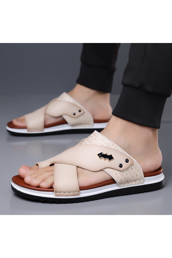 Men's Brown Croc-Embossed Toe-Loop Casual Slide Sandals with Sporty Sole