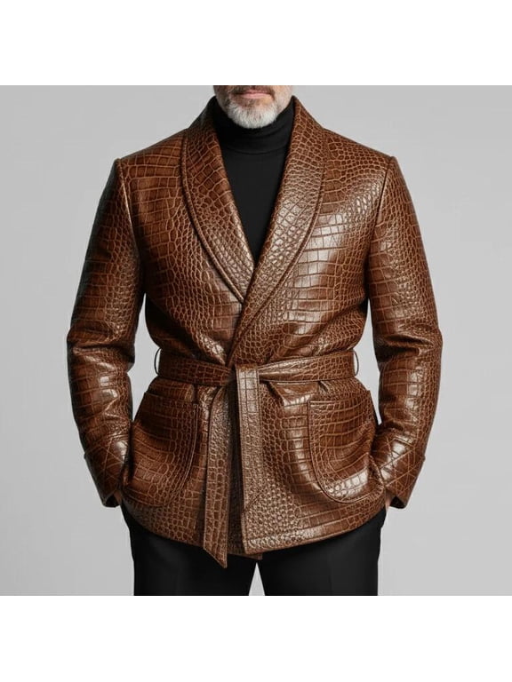 Men's Brown Crocodile Embossed Faux Leather Jacket, Shawl Collar Belted Luxury Wrap Casual Coat