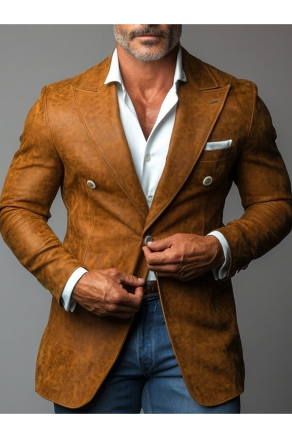Men’s Brown Faux Suede Double‑Breasted Blazer, Mature Autumn‑Winter Casual Suit Jacket