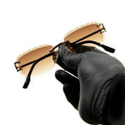 Mens Brown Gradient Tint Rimless Hand Carved Diamond Cut Gold Frame Sunglasses