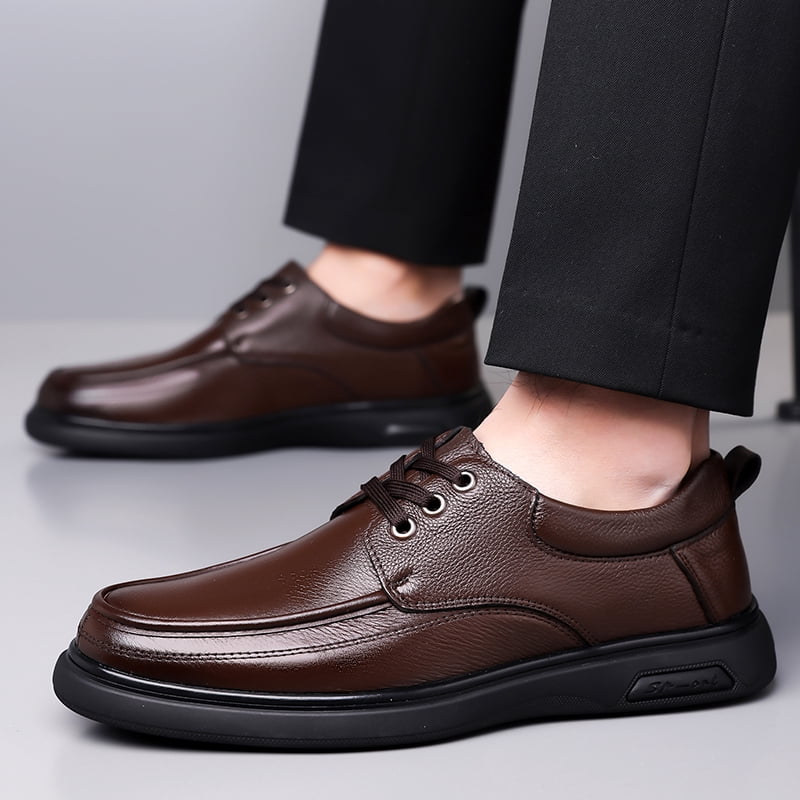 Men's Brown Lace Up Genuine Leather Casual Dress Shoes, Non-Slip Soft Cushioned Wide Toe Office Walking Loafers, Comfort Driving Footwear for Daily 