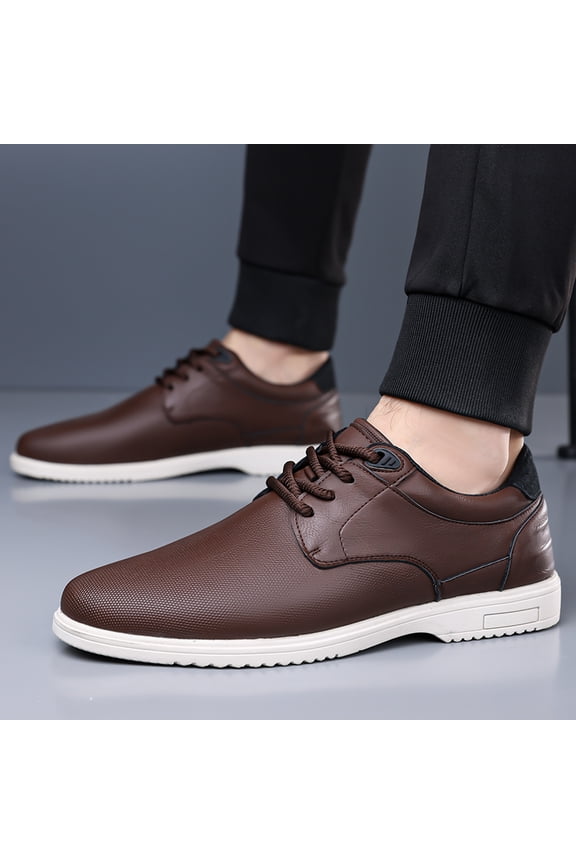 Men's Brown Lace Up Leather Casual Oxford Shoes, Lightweight White Sole Non-Slip Walking Dress Shoes, Wide Toe Business Daily Driving Footwear