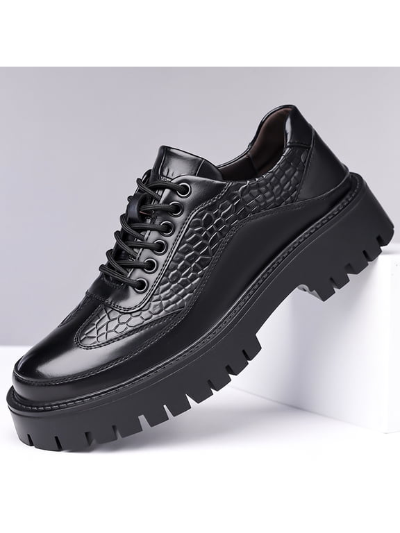 Men's Brown Lace Up Platform Derby Shoes, Round Toe Croc Embossed Microfiber Leather Thick Lug Sole Casual Dress Shoes, 2026 Summer New Arrival