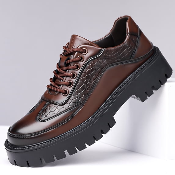 Men's Brown Lace Up Platform Derby Shoes, Round Toe Croc Embossed Microfiber Leather Thick Lug Sole Casual Dress Shoes, 2026 Summer New Arrival