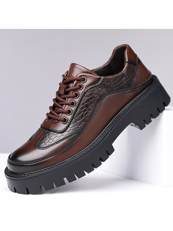 Men's Brown Lace Up Platform Derby Shoes, Round Toe Croc Embossed Microfiber Leather Thick Lug Sole Casual Dress Shoes, 2026 Summer New Arrival