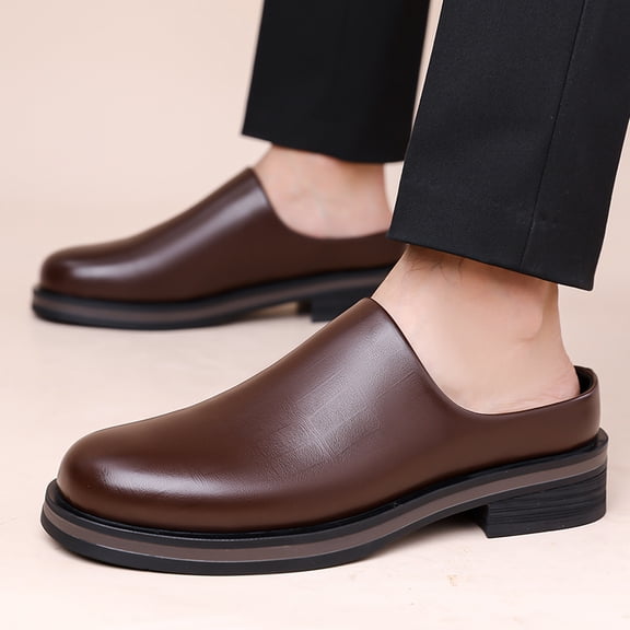 Men's Brown Leather Backless Slip-On Mule Loafers