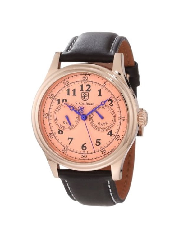 Men's Brown Leather Band Steel Case Flame-Fusion Crystal Quartz Rose Gold-Tone Dial Watch SC0280