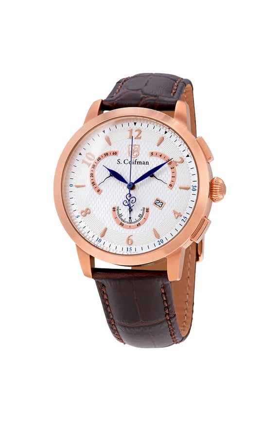 Men's Brown Leather Band Steel Case Flame-Fusion Crystal Quartz Silver-Tone Dial Watch SC0233