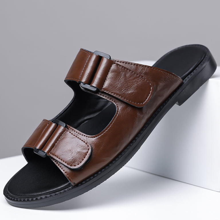 Men\'s Double-Band Leather Slide Sandals in Dark Brown Amazon.com | Brown Rubber Slide on Sandal Slippers Double  main image 4