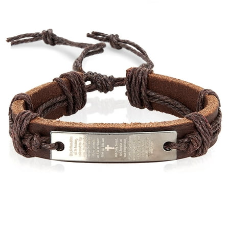 Men's Brown Leather Lord's Prayer Adjustable Bracelet (14mm)