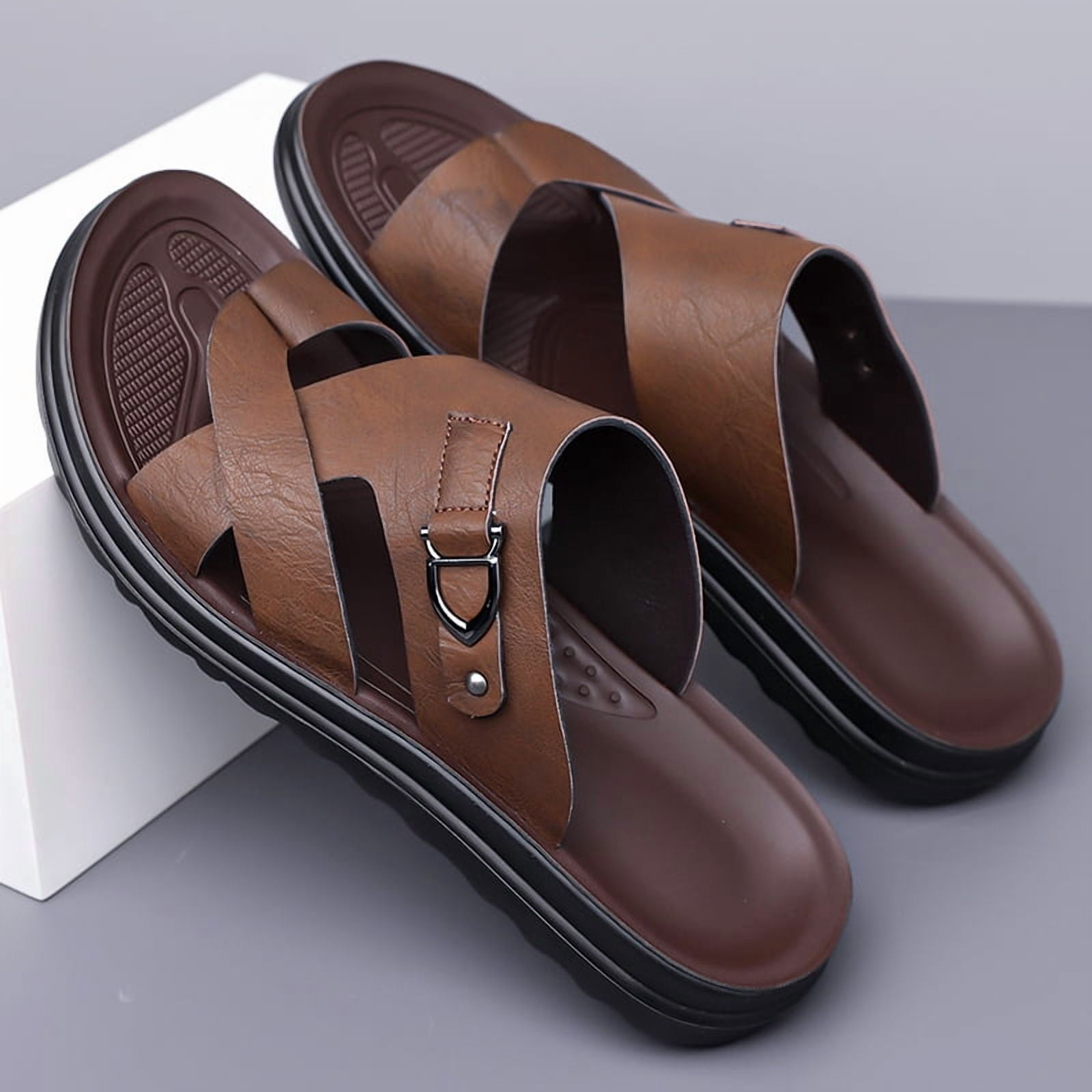 Men\'s Brown Leather Slide Sandals with Buckle Detail LUXOR Dark Brown Slide Footbed Men main image 4