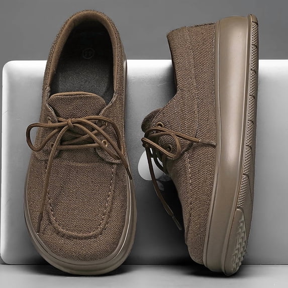 Men's Brown Linen Textured Lace Up Platform Casual Oxford Shoes, Wide Toe Non-Slip Lightweight Walking Sneakers, Outdoor Daily Driving Business Footwear