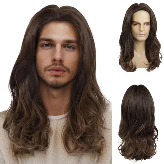Men's Brown Long Hair Wig With Mid Split Fluffy Head Cover