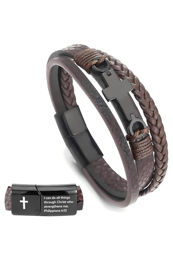 Men's Brown Multi-Layer Braided Leather Bracelet, Black Stainless Steel Cross Charm with Magnetic Clasp, Religious Faith Jewelry for Men & Teens