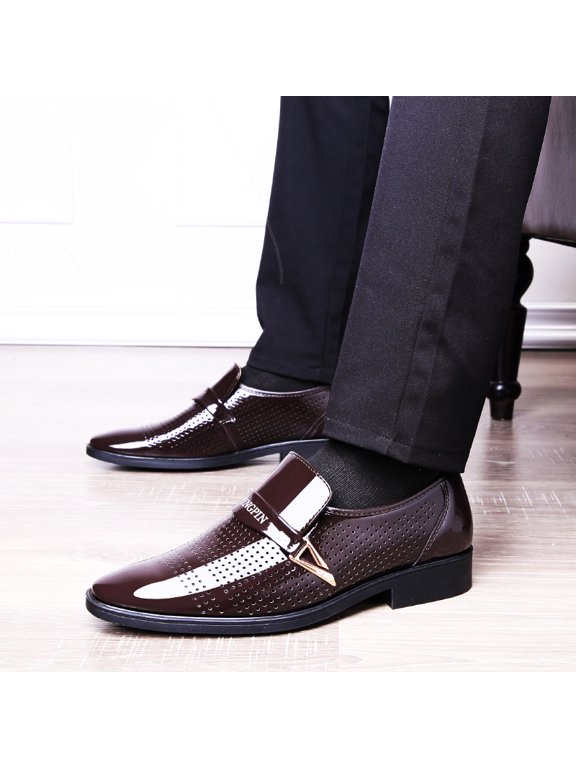 Men's Brown Patent Perforated Monk Strap Loafers, Slip On Two-Tone Formal Leather Dress Shoes, Low Block Heel Non-Slip Wedding Office Business Footwear