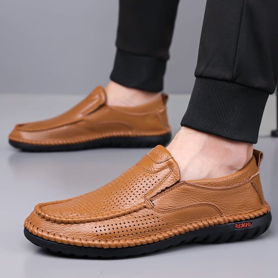 Men's Brown Perforated Slip On Leather Driving Loafers, Breathable Non Slip Casual Walking Shoes