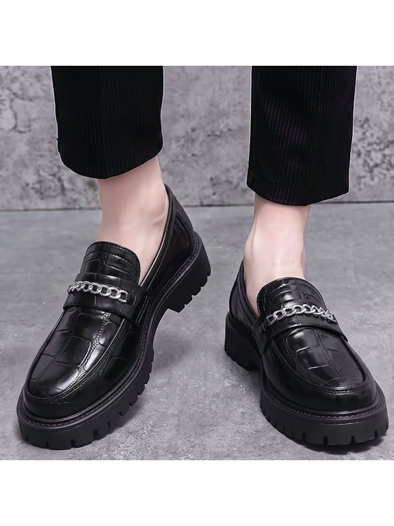 Men's Brown Slip On Platform Loafers, Round Toe Croc Embossed PU Leather Metal Chain Height Increasing Casual Dress Shoes, 2026 Summer New Arrival