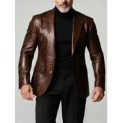 Mens Brown Snake Print Faux Leather Blazer, Slim Fit Notch Lapel Single-Breasted Suit Jacket