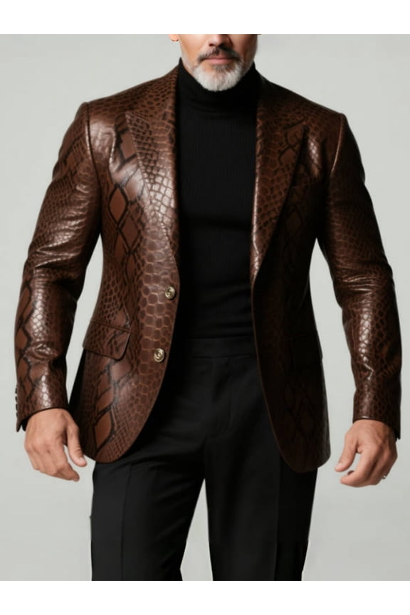 Men's Brown Snake Print Faux Leather Blazer, Slim Fit Notch Lapel Single-Breasted Suit Jacket