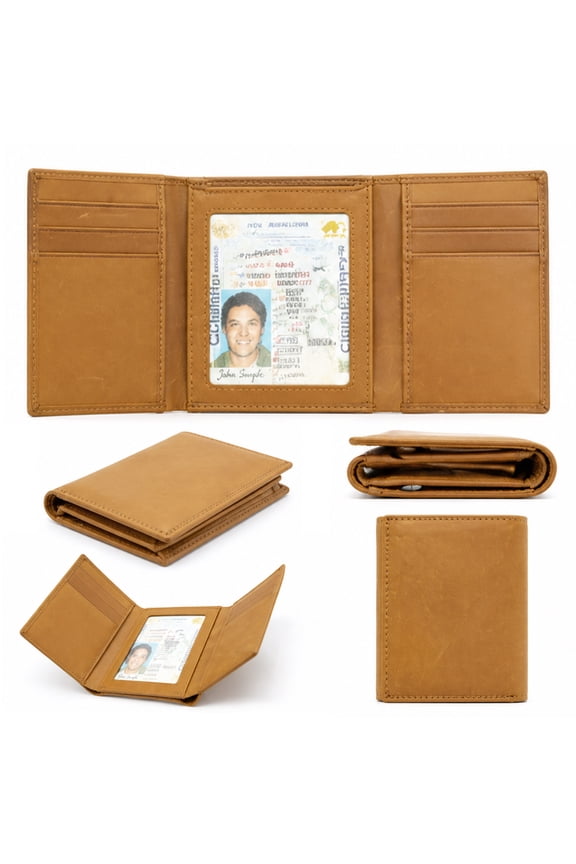 Brown Top Grain Leather Trifold Wallet, Multi Card Slots Slim Bifold ID Window, for Men Daily Use