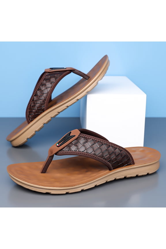 Men's Brown Woven Faux Leather Thong Flip Flops Embossed Logo Cushioned Massage Insole Beach Sandals