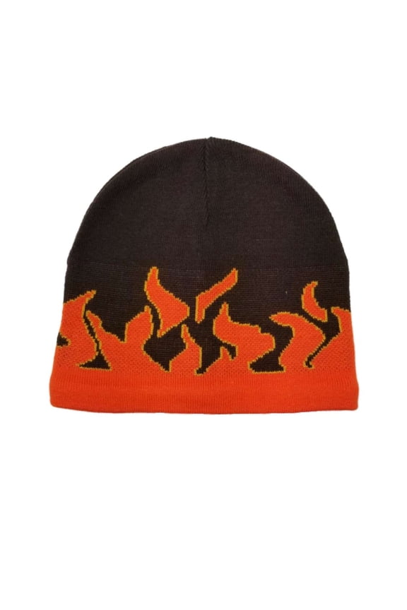Men's Brown with Orange Fire Flame Beanie Stocking Cap Hat