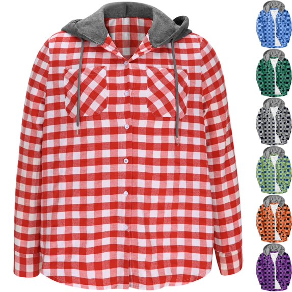 Men's Brushed Hooded Shacket Casual Checkered Plaid Shirt Jacket Long Sleeve Button Down Overshirt with Chest Pockets for Fall Winter Travel, Red, XL