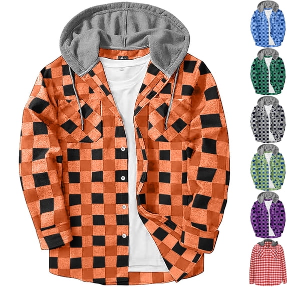 Men's Brushed Hooded Shacket Casual Checkered Plaid Shirt Jacket Long Sleeve Button Down Overshirt with Chest Pockets for Fall Winter Travel, Orange, S