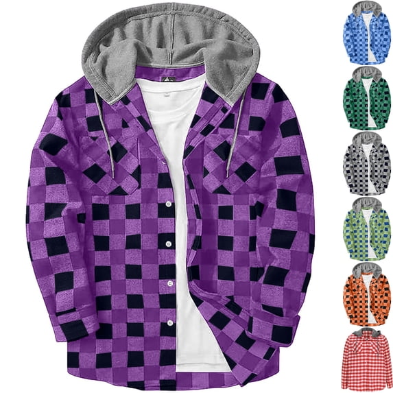Men's Brushed Hooded Shacket Casual Checkered Plaid Shirt Jacket Long Sleeve Button Down Overshirt with Chest Pockets for Fall Winter Travel, Purple, S