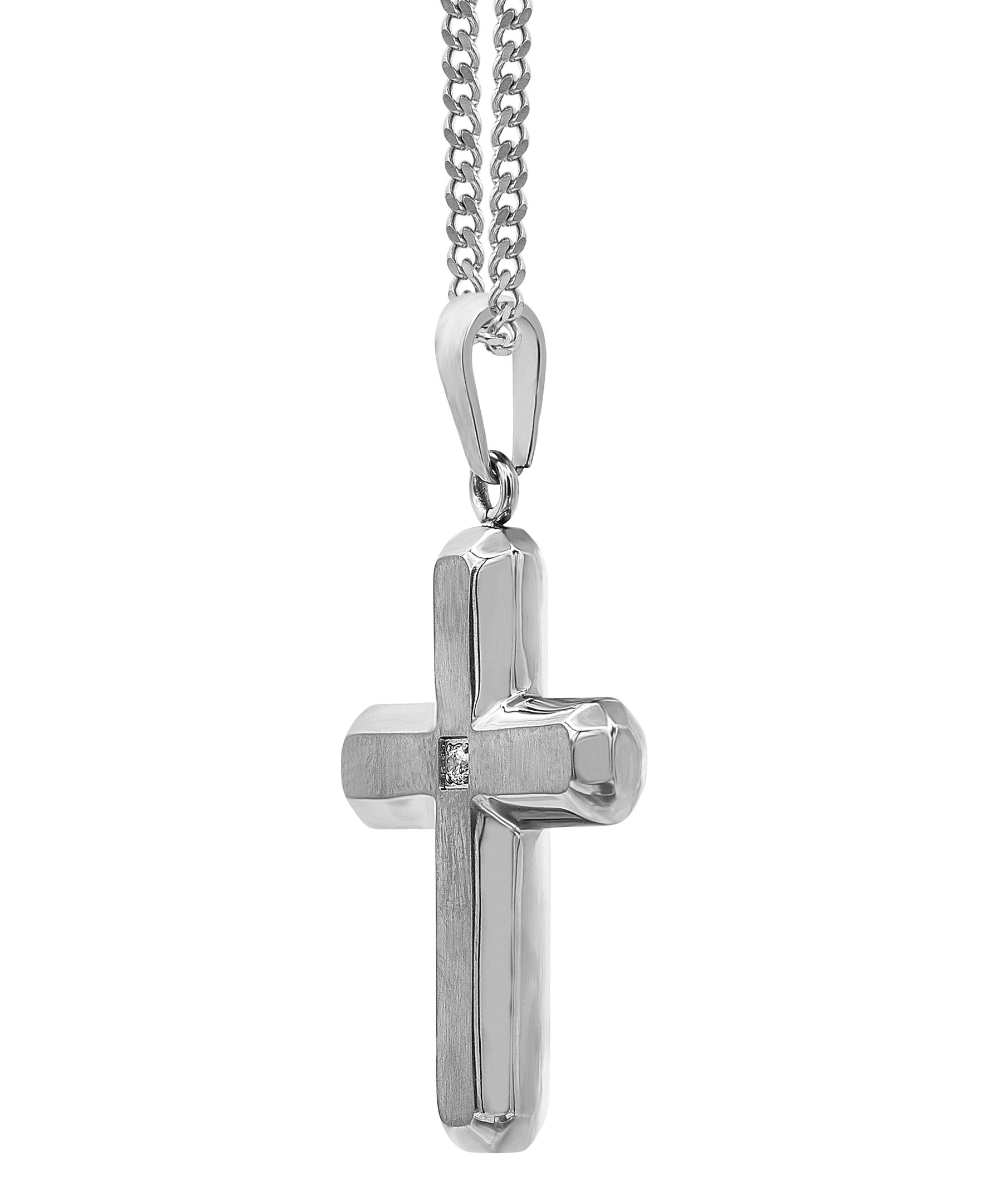 Men's Brushed and Polished Stainless Steel Cubic Zirconia Cross Pendant - 24" Curb Chain