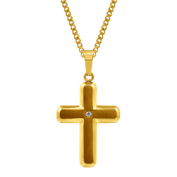 Men's Brushed and Polished Stainless Steel Yellow Gold-Tone Cubic Zirconia Cross Pendant - 24" Curb Chain