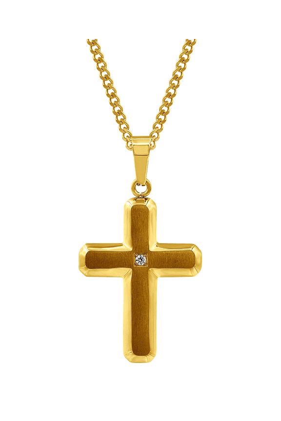 Men's Brushed and Polished Stainless Steel Yellow Gold-Tone Cubic Zirconia Cross Pendant - 24" Curb Chain