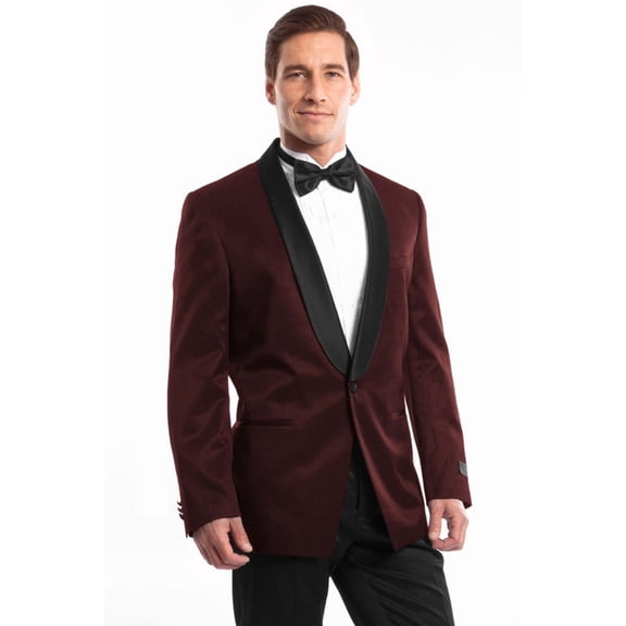 Men's Bryan Michaels Tuxedos Burgundy Satin Shawl Tuxedo Slim Fit Size 34 Regular