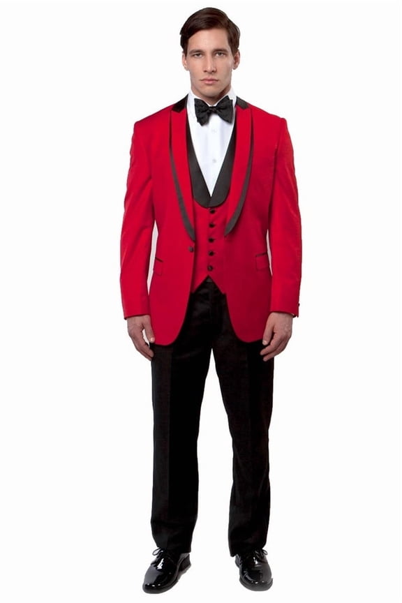 Men's Bryan Michaels Tuxedos Red Satin Trimmed Tuxedo with Peak Lapel 42 Regular