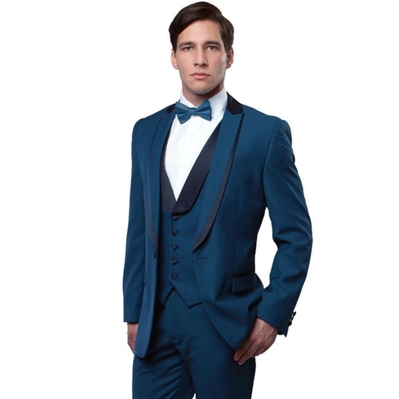 Men's Bryan Michaels Tuxedos Teal Blue Satin Tuxedo Vest & Suit Size 46 Long