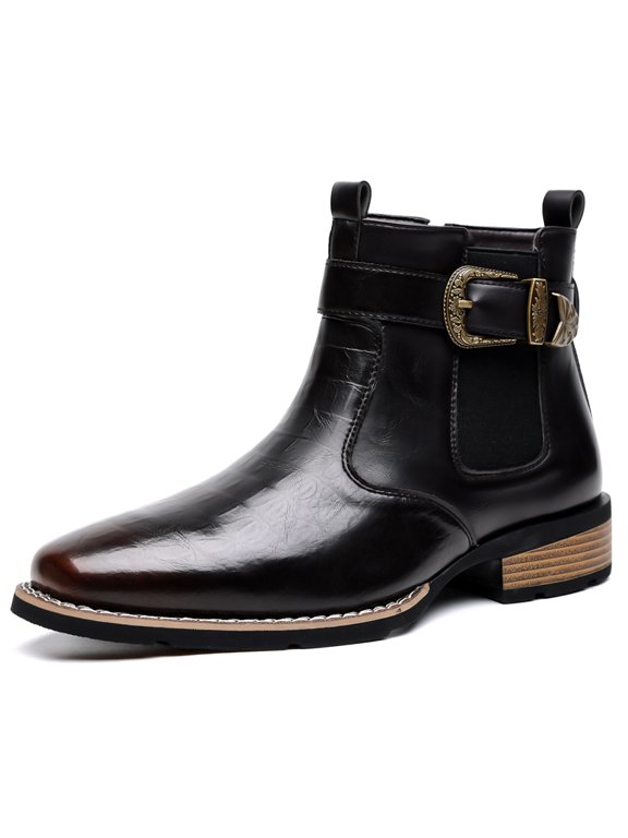 Men's Buckle Strap Chelsea Ankle Boots, Adult Male Square Toe Croc Embossed Footwear with Elastic Side Panels and Stacked Block Heel for Formal and Casual Occasions