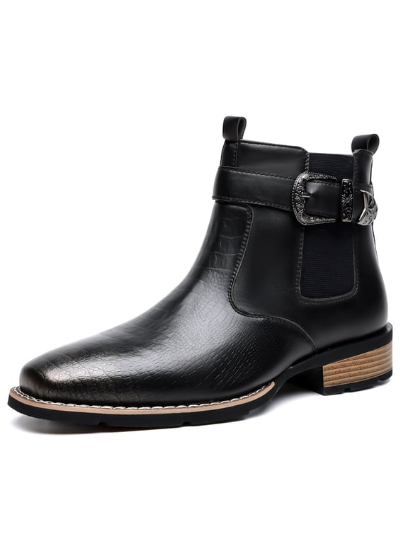 Men's Buckle Strap Chelsea Ankle Boots, Adult Male Square Toe Croc Embossed Footwear with Elastic Side Panels and Stacked Block Heel for Formal and Casual Occasions
