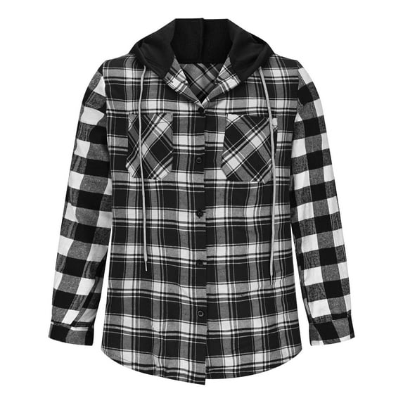 Men's Buffalo Plaid Hoodie Long Sleeve Jacket Button Drawstring Casual Fall Shirts with Pockets