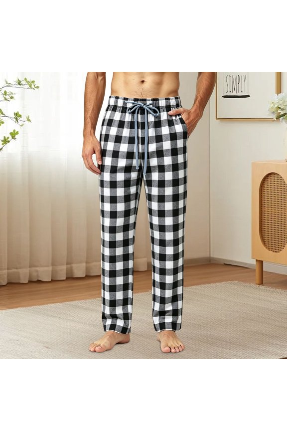 Men's Buffalo Plaid Lounge Drawstring Pants, Adjustable Elastic Drawstring Waist, Side Pockets, Relaxed Straight‑Leg for Indoor Rest & Sleep, Mens Baggy Sweatpants