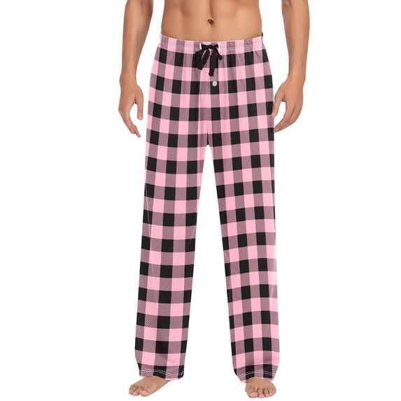 Men’s Buffalo Plaid Pajama Pants Micro Fleece Lounge PJs with Pockets, Elastic Waist, Soft Sleep Pants Pink 2XL
