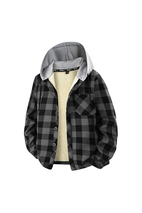 Men's Buffalo Plaid Sherpa Lined Flannel Hooded Shacket Warm Thermal Shirt Jacket Winter Coat with Chest Pocket for Outdoor Travel Wear, Black, XXXL