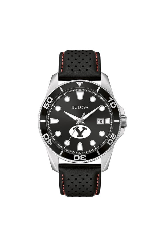 Men's Bulova Black BYU Cougars Corporate Collection Leather Strap Watch