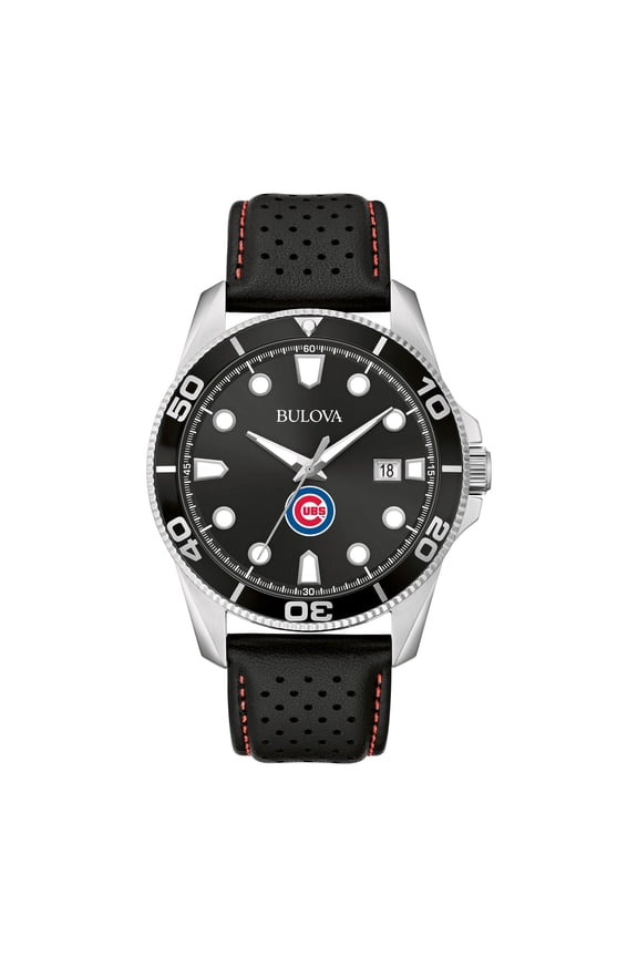 Men's Bulova Black Chicago Cubs Sport Leather Strap Watch