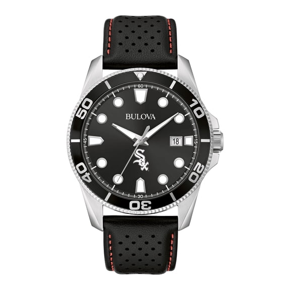 Men's Bulova Black Chicago White Sox Sport Leather Strap Watch