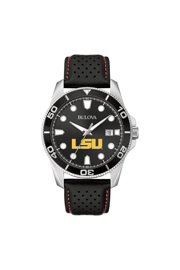 Men's Bulova Black LSU Tigers Corporate Collection Leather Strap Watch