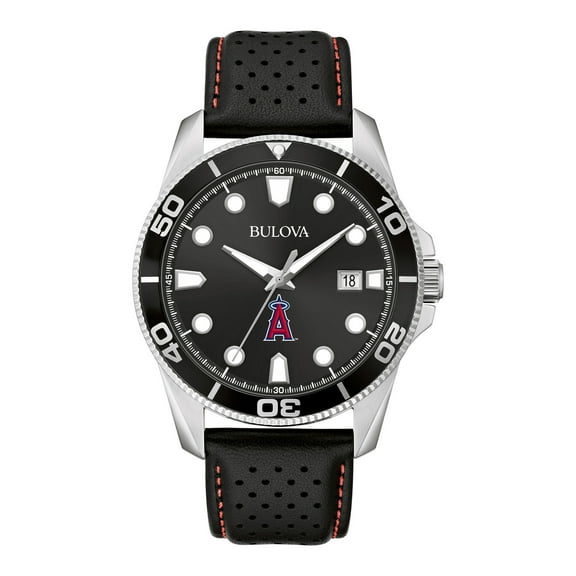 Men's Bulova Black Los Angeles Angels Sport Leather Strap Watch