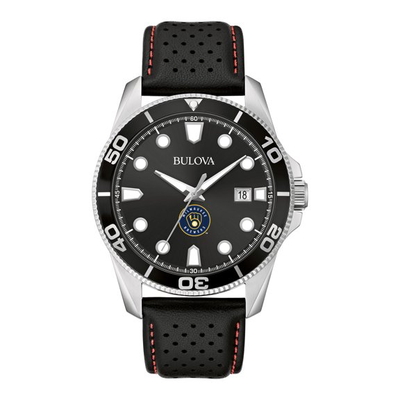 Men's Bulova Black Milwaukee Brewers Sport Leather Strap Watch