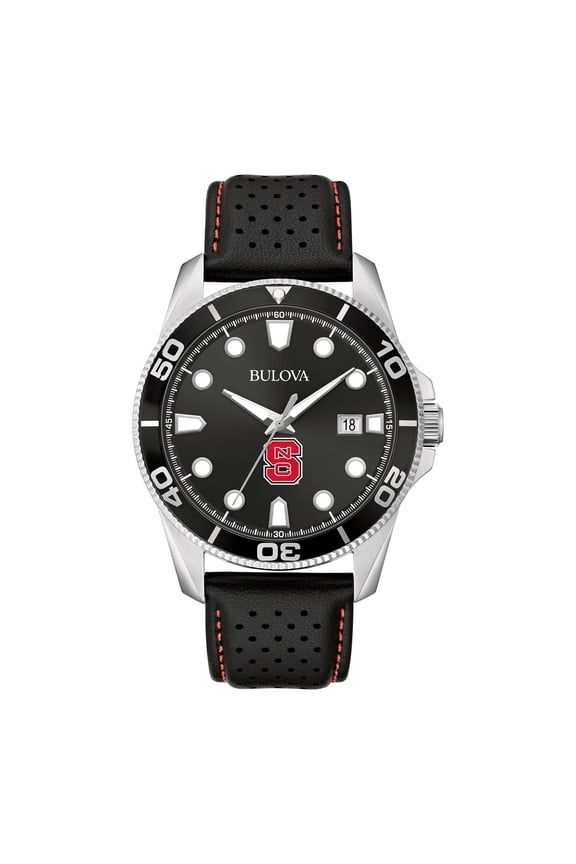 Men's Bulova Black NC State Wolfpack Corporate Collection Leather Strap Watch